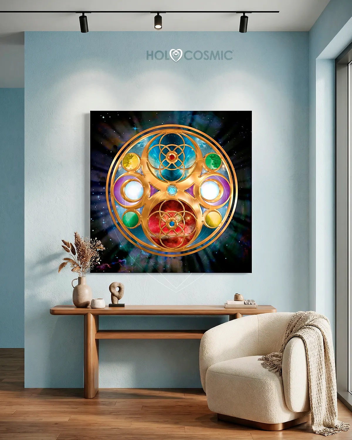 Andeia Lienzo de la serie "Esencias Cósmicas" de Holocosmic Andeia, luciendo en un recibidor con un sofá. Arte Visionario.