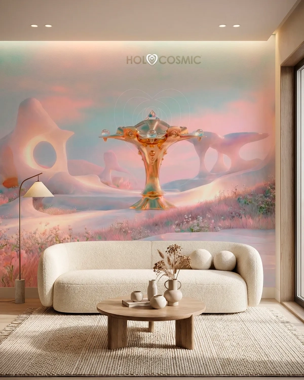 Mural de pared con textura de papel pintado tejido no tejido mostrando el paisaje visionario Elvet de HoloCosmic en un salón con vista frontal.