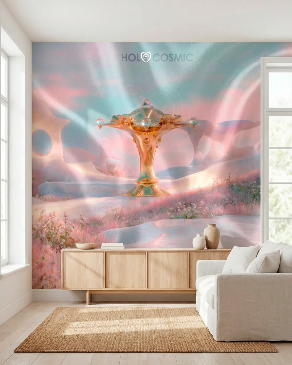 Mural de pared de papel pintado tejido no tejido mostrando el paisaje visionario Elvet de HoloCosmic en una habitación detrás de un mueble.