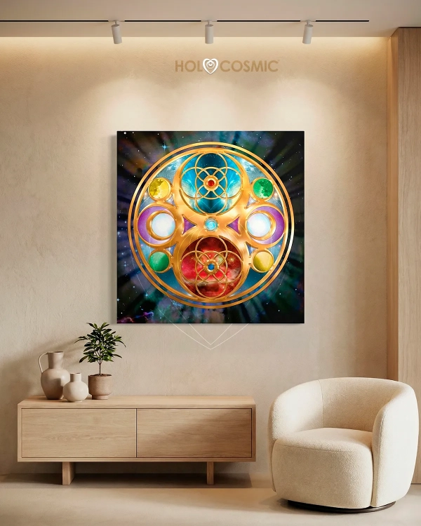 Lienzo Andeia de la serie "Esencias Cósmicas" del arte psicodélico de HoloCosmic. Vista frontal en un recibido con sillón.