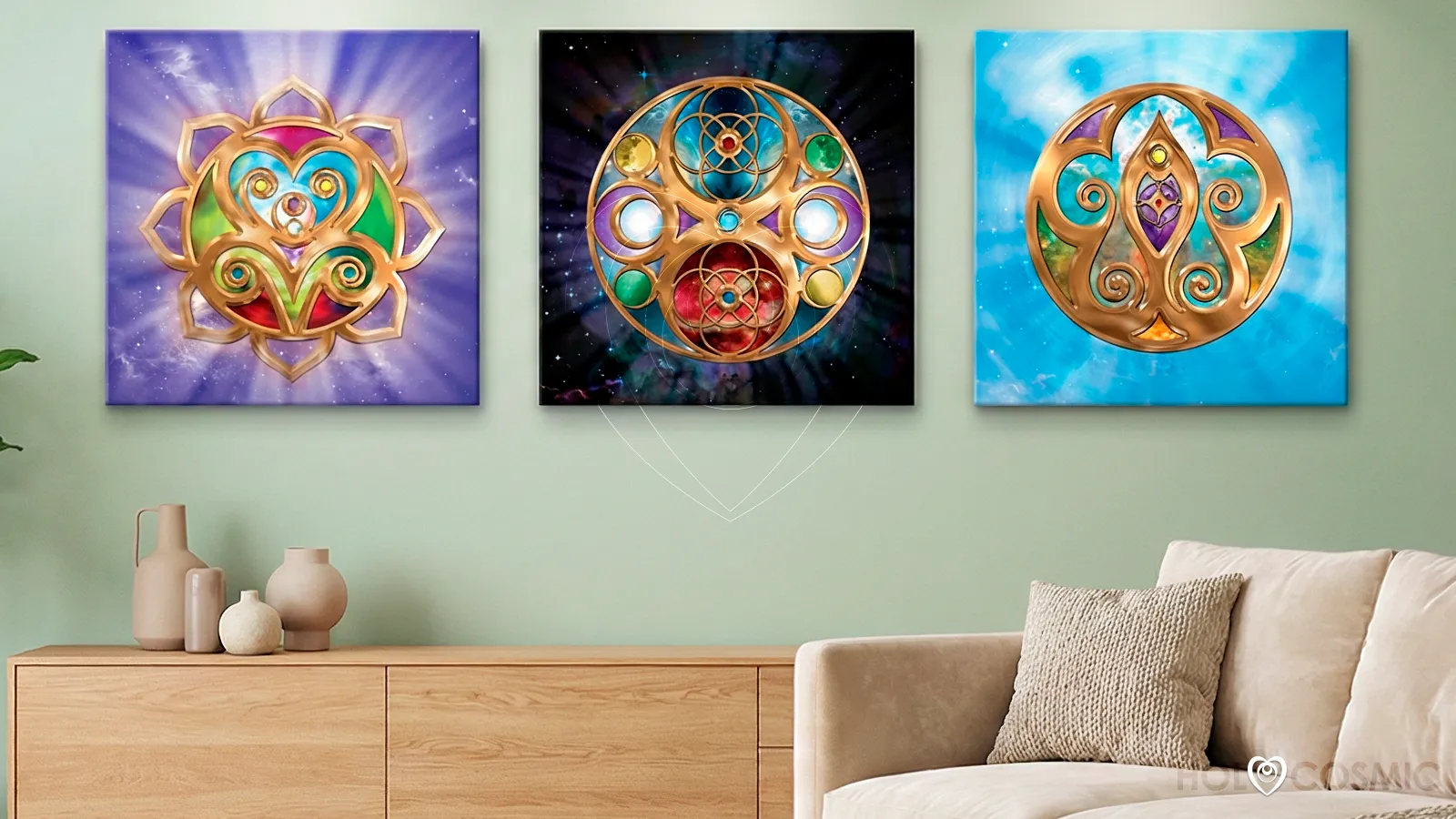 Andeia Tríptico de 3 lienzos cuadrados de HoloCosmic en una sala de estar. Arte psicodélico.