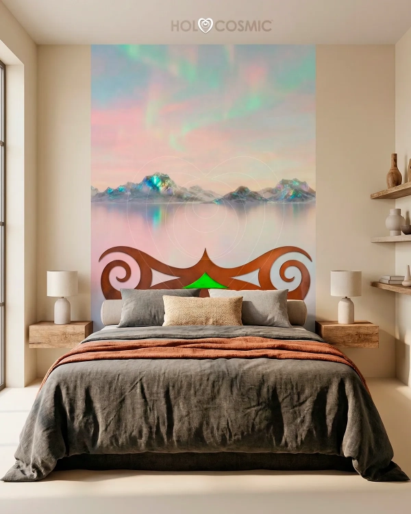 Cabecero de cama Amalthea, creado con papel pintado de autor de Ivan F. Vilches (HoloCosmic). Arte inmersivo a medida que integra paisaje visionario y arquitectura en el dormitorio.