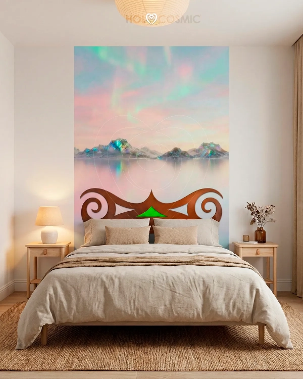 Mural de papel pintado artístico de HoloCosmic instalado como cabecero de cama, con el diseño visionario Amalthea en un salón de estilo nórdico.