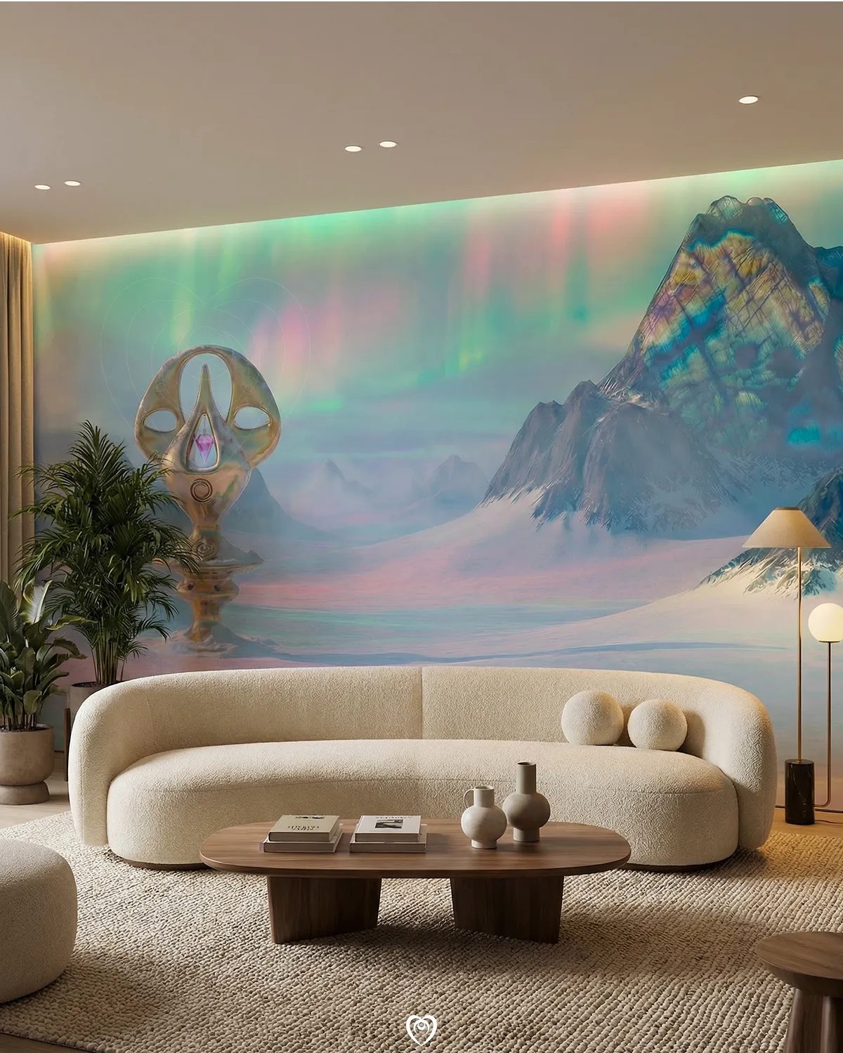 Ishum Mural de pared de un paisaje onírico con la escultura cósmica Ishum en un salón, obra del artista Ivan-HoloCosmic.