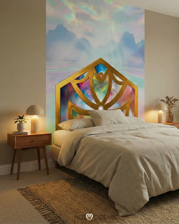 Mural cabecero "Andrak" de papel pintadoTNT en cama matrimonio de un paisaje visionario de Iván-HoloCosmic.