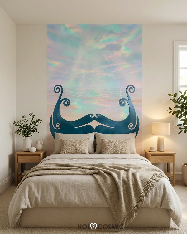 Cabecero artístico de papel pintado TNT de un paisaje onírico sobre cama matrimonio. Arte visionario de Ivan-HoloCosmic.