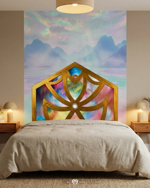 Cabero cama mural de papel pintado TNT. Paisaje visionario "Andrak" en dormitorio del artista cósmico Ivan-HoloCosmic.
