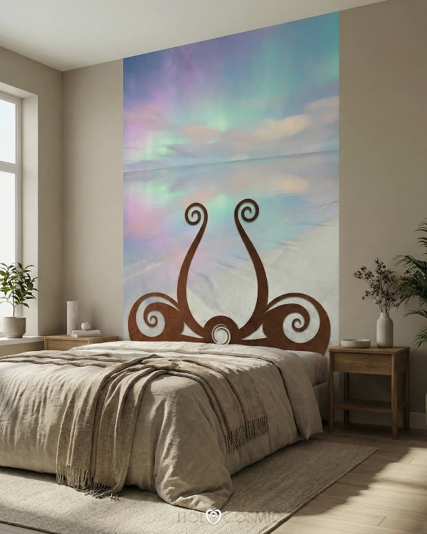 Cabecero de cama artístico mural con paisaje onírico en habitación matrimonio. Arte de HoloCosmic.