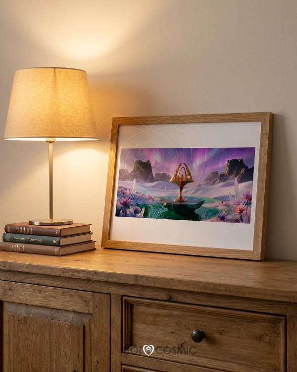 Lamina fine art con marco de madera de un paisaje de arte visionario y escultura cósmica del artista Iván-HoloCosmic.