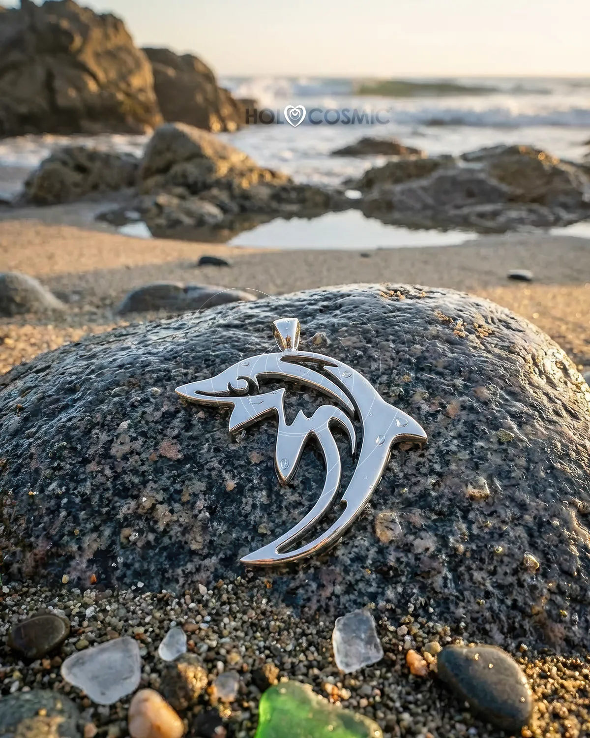 Delfín Colgante de plata de un delfín abstracto sobre una piedra marina. Joya del artista Ivan-HoloCosmic.