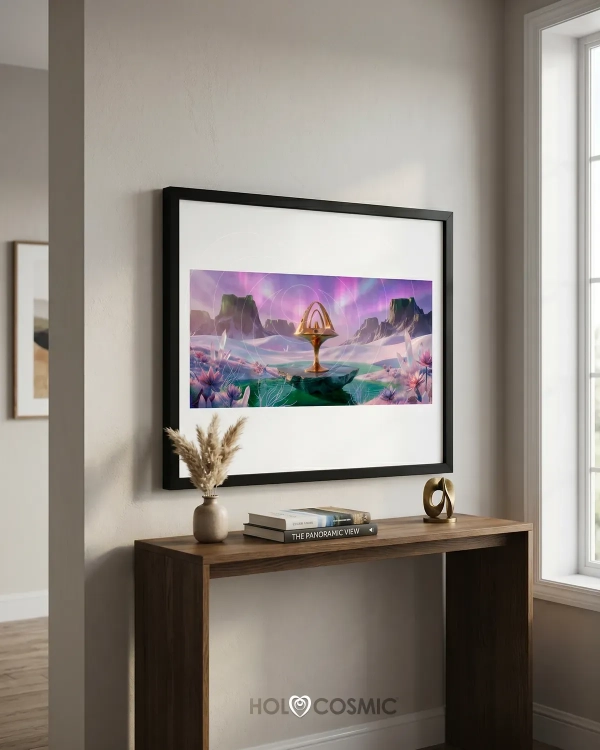 Visionary landscape art print with Imneli cosmic sculpture framed in a hall. Art by HoloCosmic.