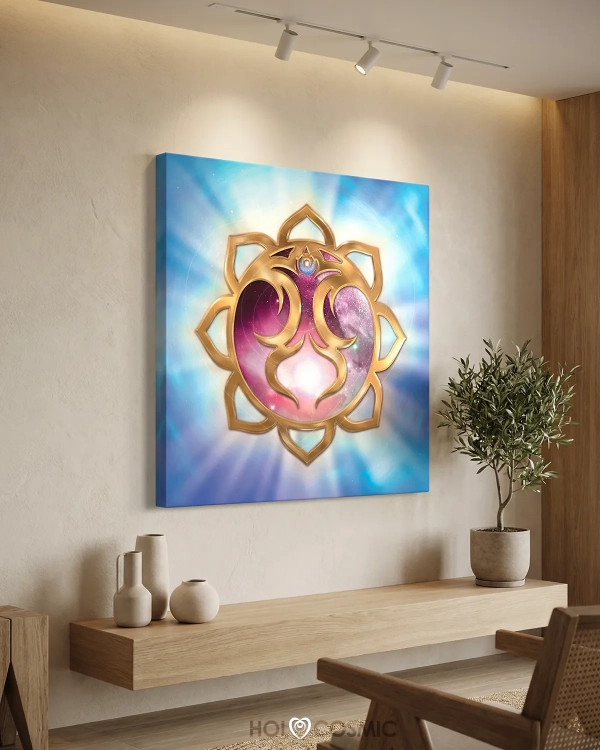 Lienzo cuadrado de arte visionario y geometría cósmica "Nanaek" en sala minimalista. Creado por el artista Ivan-HoloCosmic.