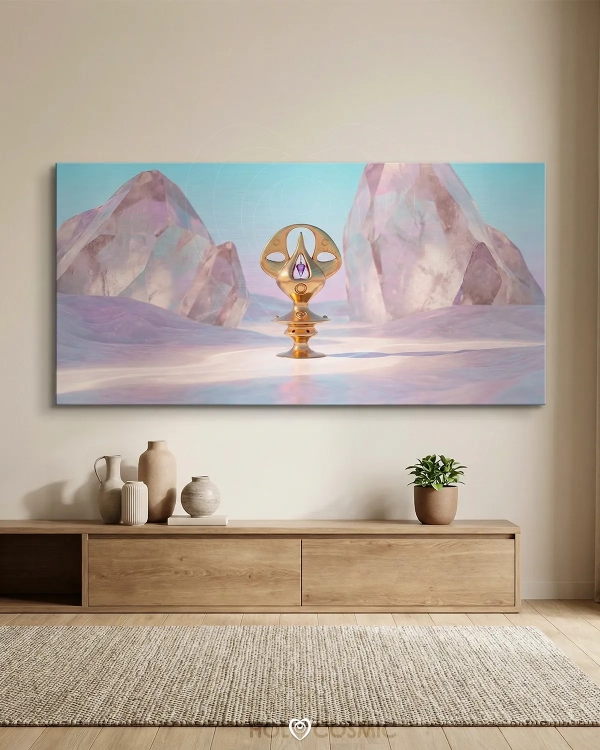 Lienzo de arte fantástico de la escultura cósmica Ishum en un paisaje onírico. Arte de Iván-HoloCosmic.