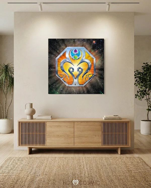 Lienzo cuadrado en un recibidor de arte visionario representado una esencia cósmica "Aembiuss". Creado por HoloCosmic.