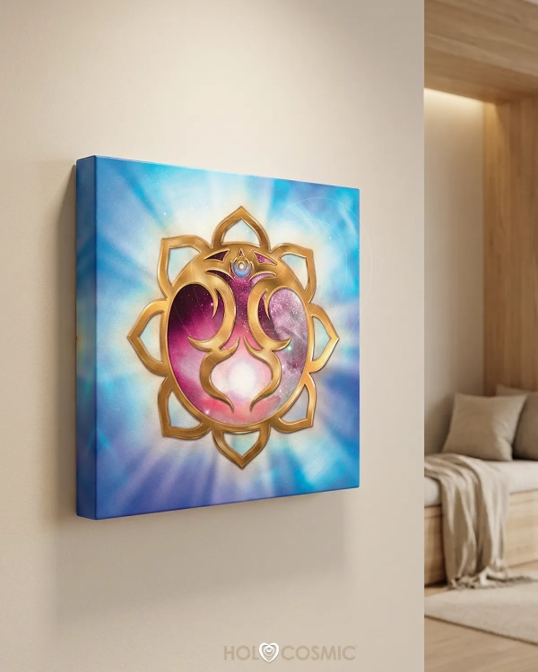 Lienzo de arte psicodelico de la geometría cósmica Nanaek en una pared. Arte de Iván-HoloCosmic.