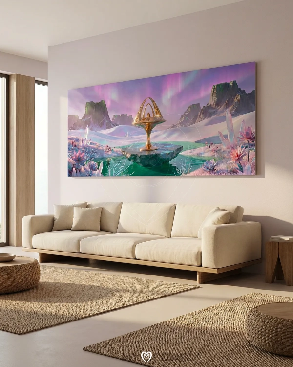 Lienzo de arte visionario que representa un paisaje onírico con la escultura cósmica Imneli en el centro. Realizado por Iván - HoloCosmic.