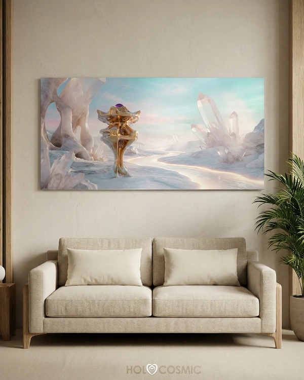 Sofá con un lienzo de un paisaje visionario con la escultura cósmica Iriae del artista Ivan-HoloCosmic.