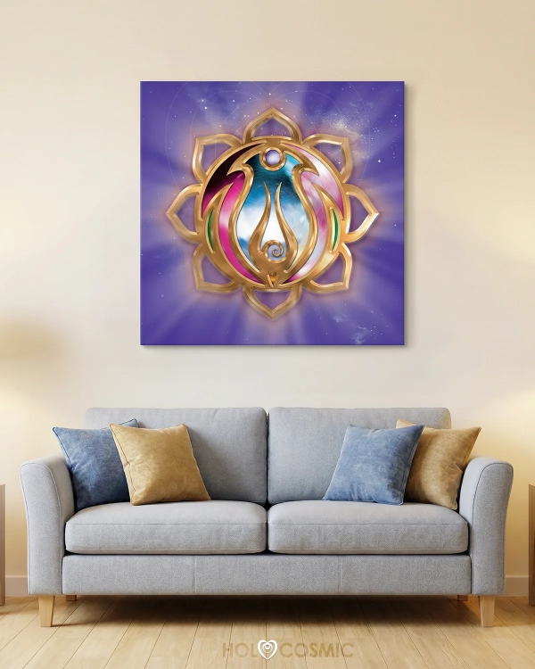 Geometría cósmica de luz "Shium" en formato lienzo encima de un sofa. Arte psicodélico del artista Ivan-HoloCosmic.