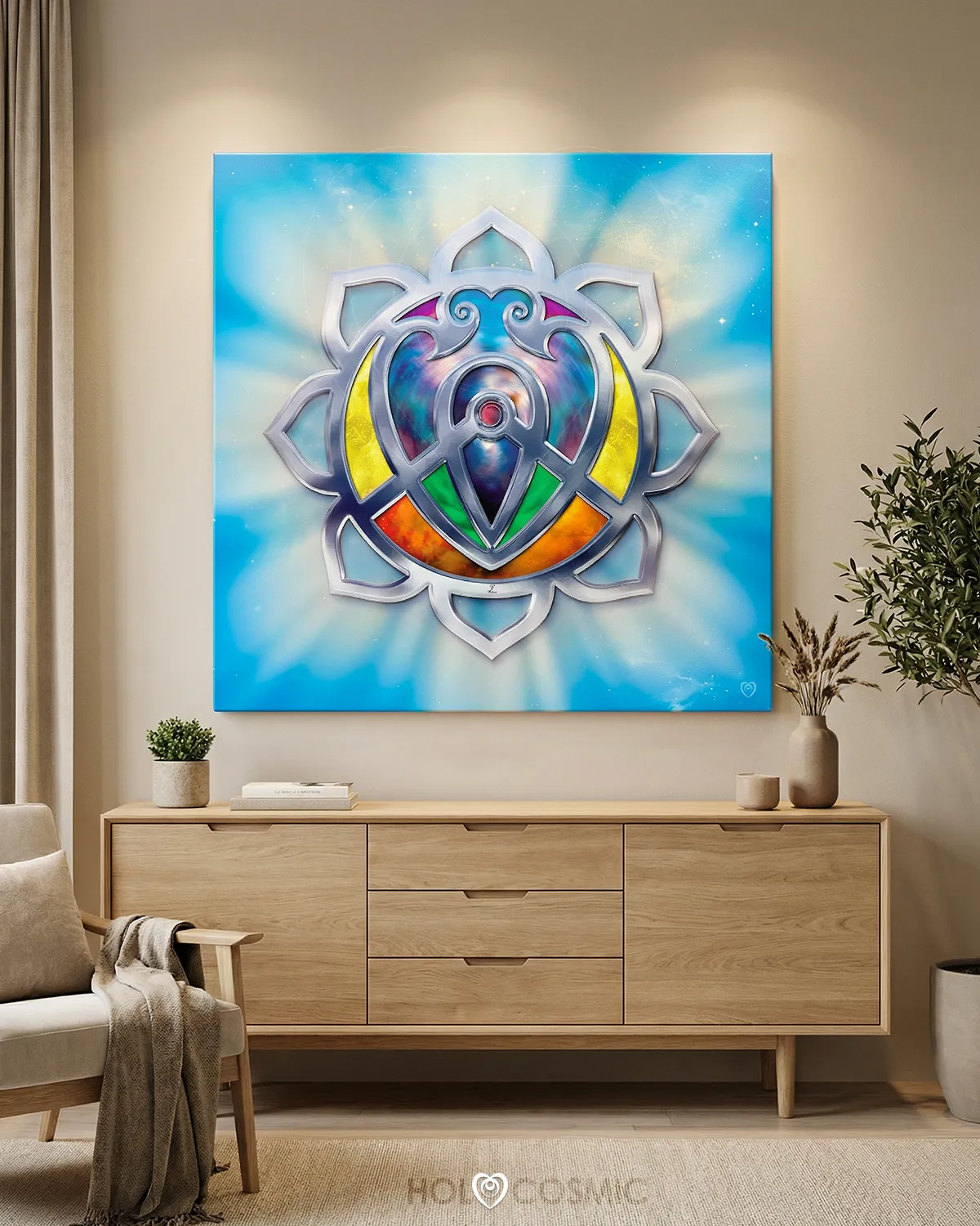Niraem Lienzo cuadrado de arte abstracto con geometría cósmica "Niraem" en un recibidor. Creado por el artista Ivan-HoloCosmic.