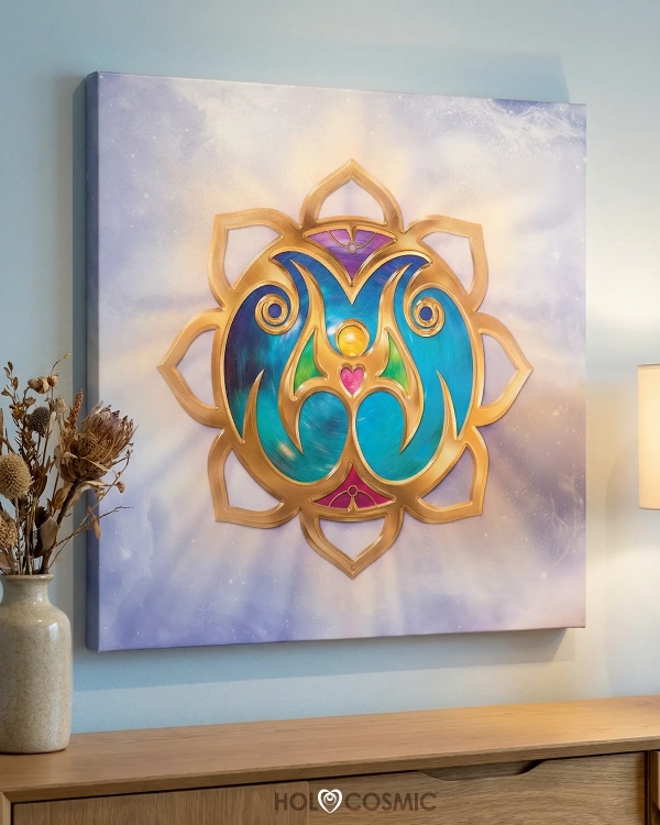Cuadro de flor de loto con geometría "Shaeim" en un recibidor. Lenguaje de luz del artista Ivan-HoloCosmic.