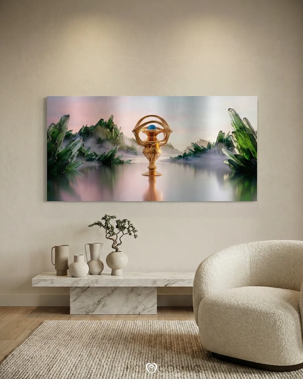 Paisaje onírico de la escultura cósmica Thariel en un recibidor. Arte surrealista de Ivan-HoloCosmic.