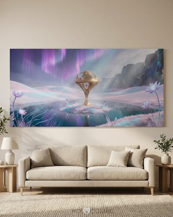 Lienzo de arte cósmico de un paisaje onírico con auroras boreales y escultura cósmica Kimdhia. Creado por Ivan-HoloCosmic.