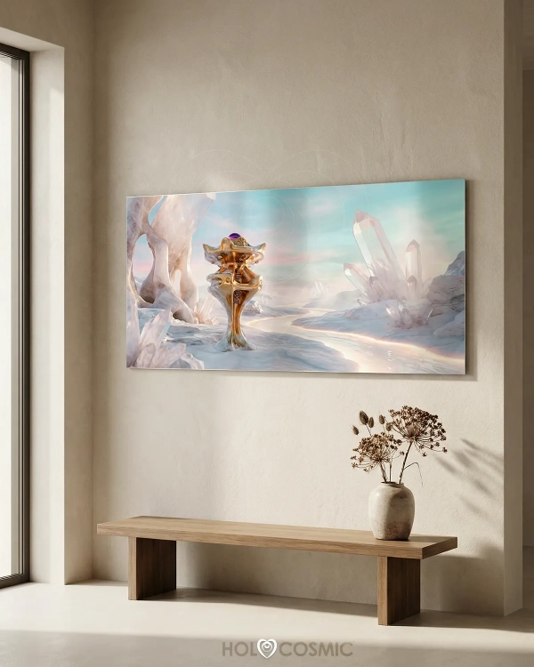 Lienzo panorámico de arte visionario de un paisaje con escultura cósmica Iriae. Arte de HoloCosmic,