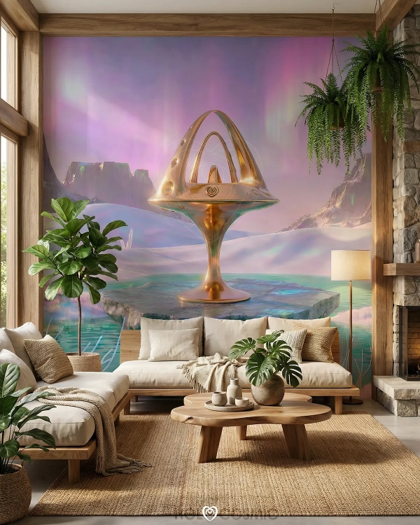 Mural de papel pintado de alta calidad de un paisaje visionario en un salón, creado por el artista Ivan - HoloCosmic.