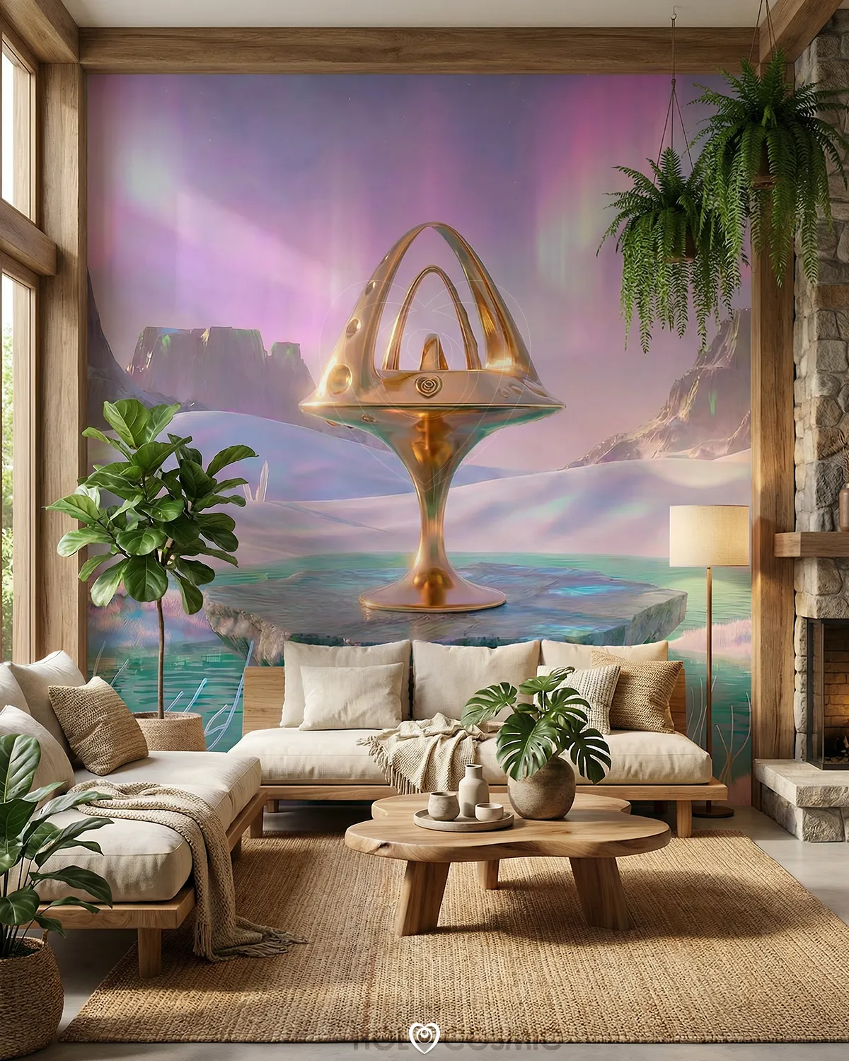 Imneli Mural de papel pintado de alta calidad de un paisaje visionario en un salón, creado por el artista Ivan - HoloCosmic.