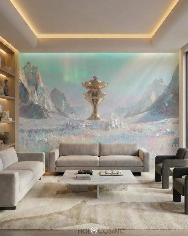Mural artístico "Iriae" de papel TNT con escultura cósmica en un salón. Arte de Iván-HoloCosmic.