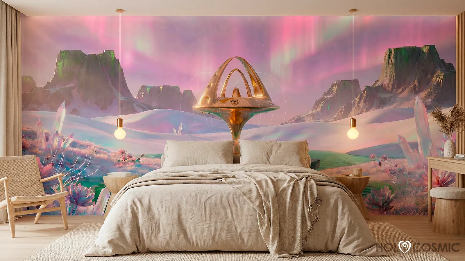 Imneli Mural artístico de papel pintado premium de un paisaje visionario y onírico en la pared de un dormitorio, creado por HoloCosmic.