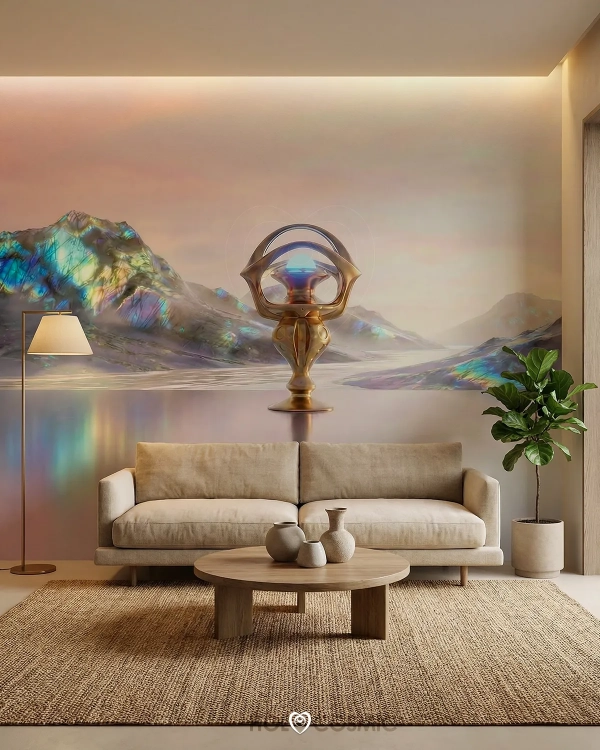 Mural artístico de papel TNT de un paisaje onírico con escultura cósmica "Thariel" en sala de estar. Arte de Ivan-HoloCosmic.