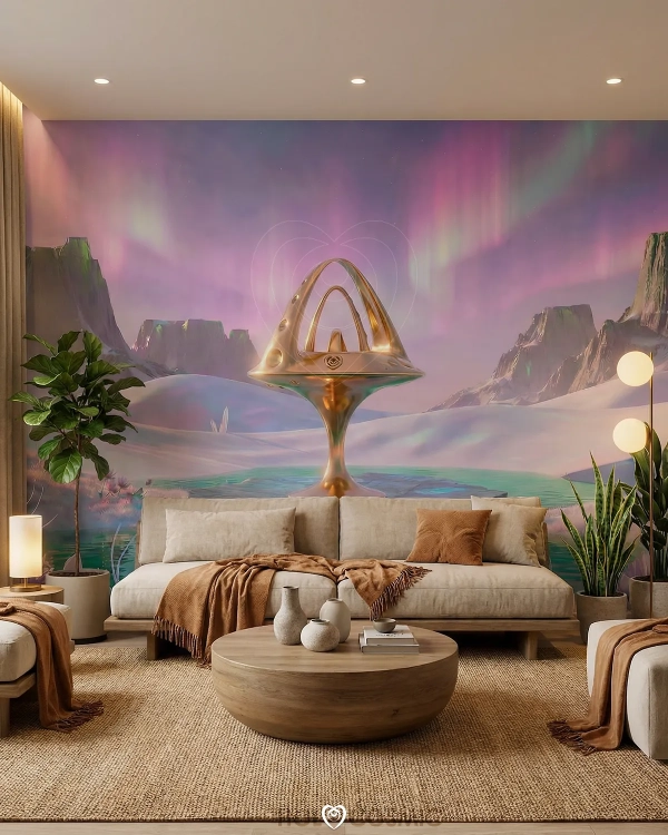 Mural a medida en un salón de paisaje visionario con escultura cósmica Imneli, diseñado por Iván - HoloCosmic.