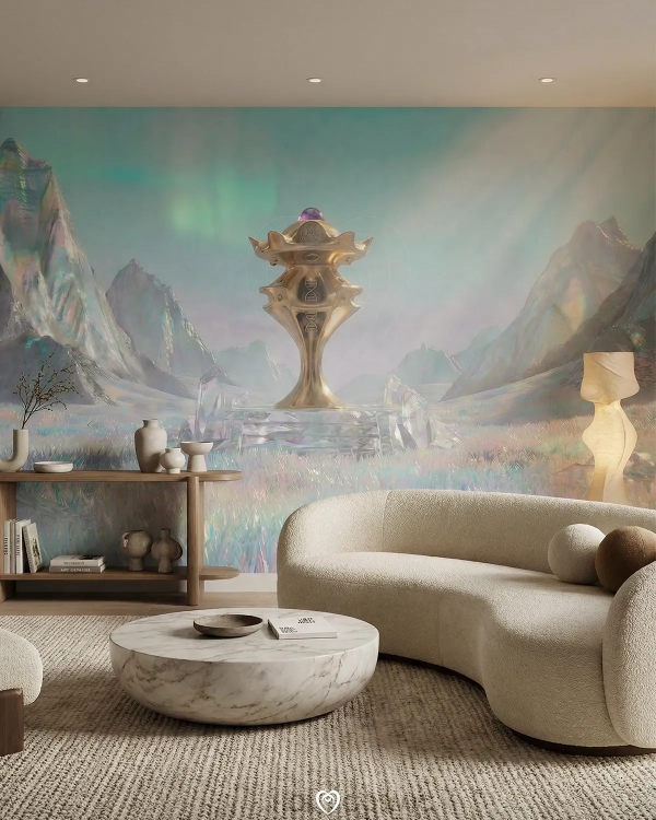 Mural de papel pintado TNT de un paisaje fantástico con escultura cósmica Iriae, arte visionario de HoloCosmic.