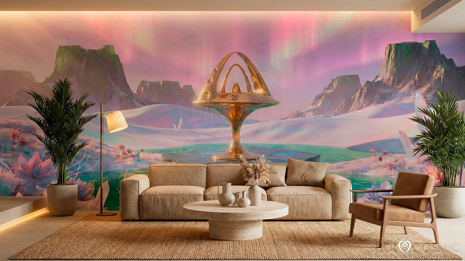 Imneli Mural artístico de gran formato en salón de un paisaje de fantasía creado por el artista Iván - HoloCosmic.