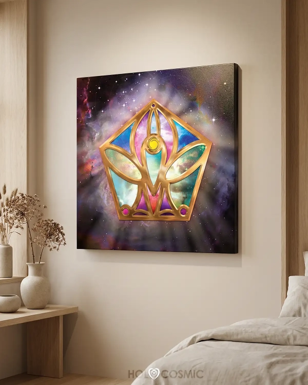Cuadro con la geometría cósmica Omnaemi en un dormitorio. Arte espiritual de Ivan-HoloCosmic.