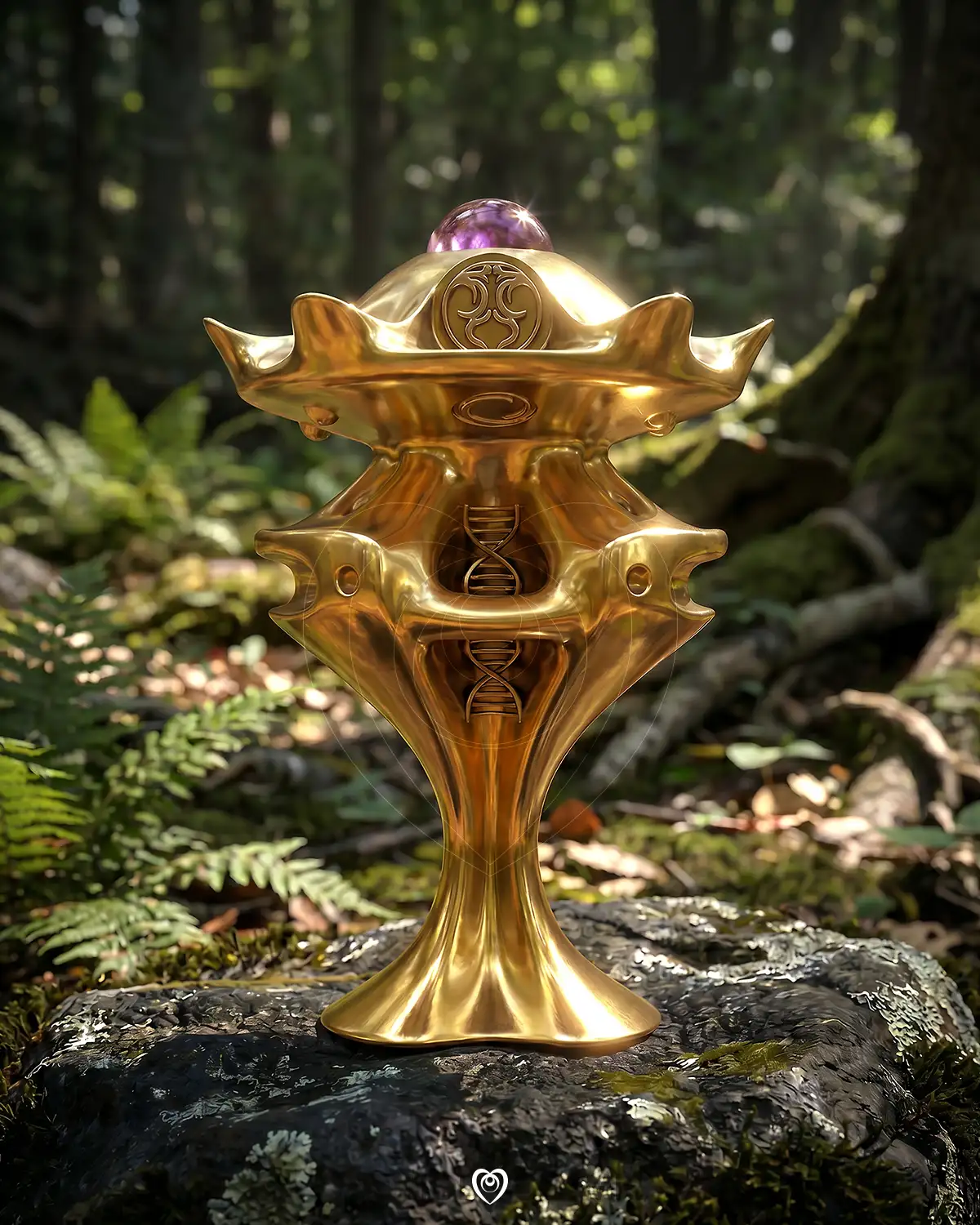 Iriae Escultura cósmica Iriae reducida a joya, sobre una roca en la naturaleza. Arte visionario de Ivan-HoloCosmic.