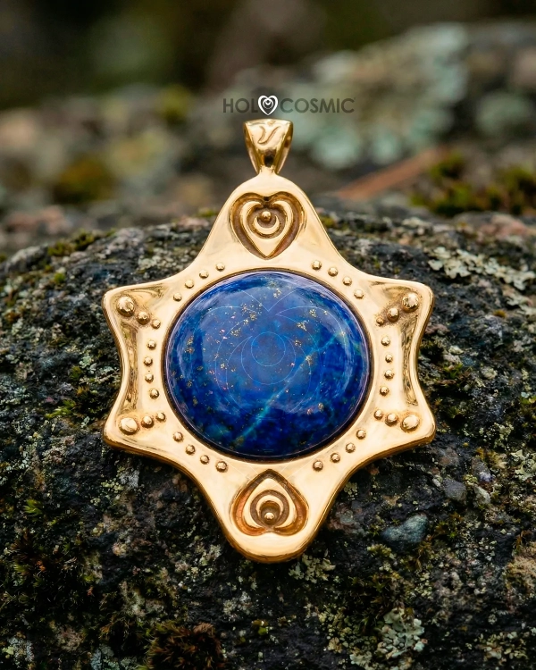 Colgante cósmico Aliet con lapislazuli tumbado en una roca. Joyería energética y alquímica de Ivan-HoloCosmic.