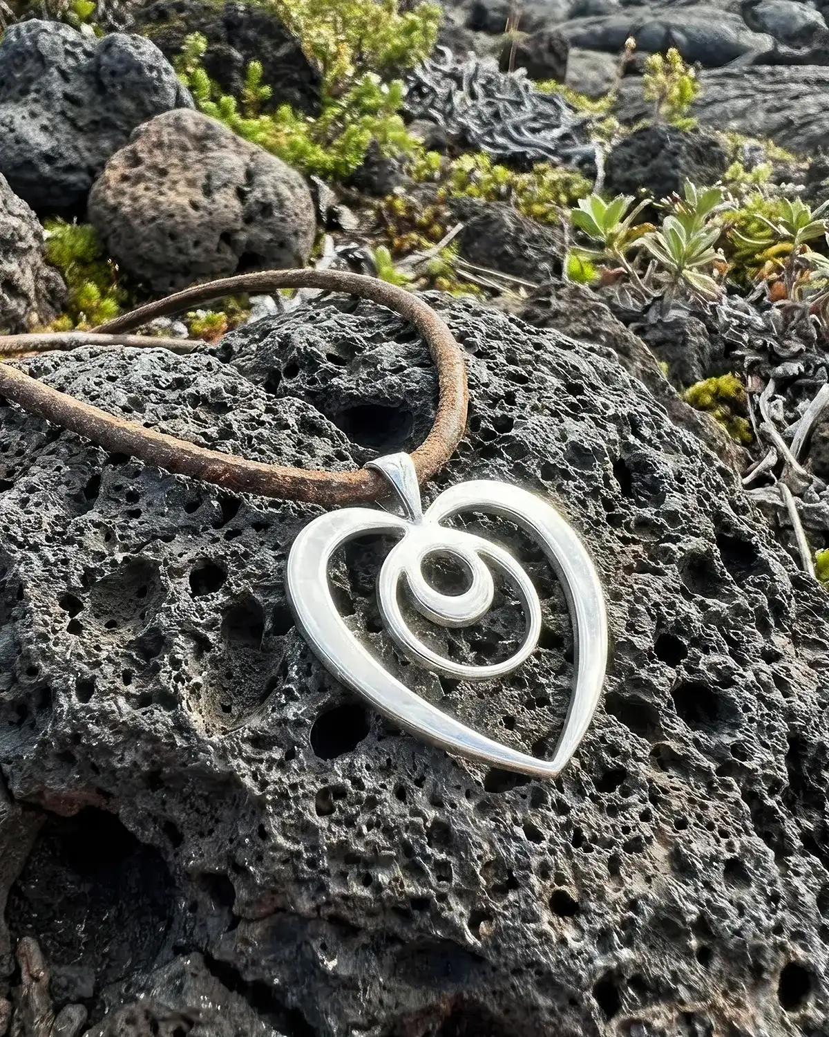 Holocosmic HoloCosmic heart silver pendant on a rock.