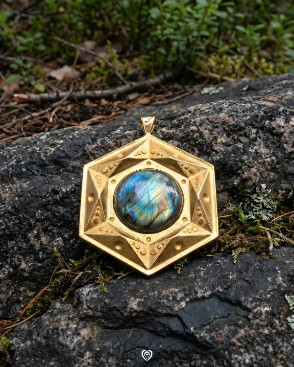 Colgante cósmico Hexaheim, con geometría del cubo de metatrón, con labradorita central. Joyería energética de Ivan-HoloCosmic.