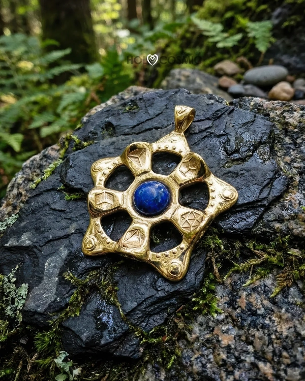 Colgante cósmico con geometría sagrada Imanaliah, sobre una piedra. Joyería energética de Ivan-Holocosmic.