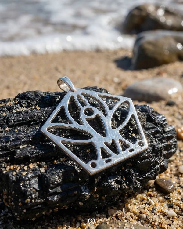 Colgante de plata holístico pentagonal de plata Omnaemi sobre una roca en la playa. Joyería holística de Ivan-HoloCosmic.