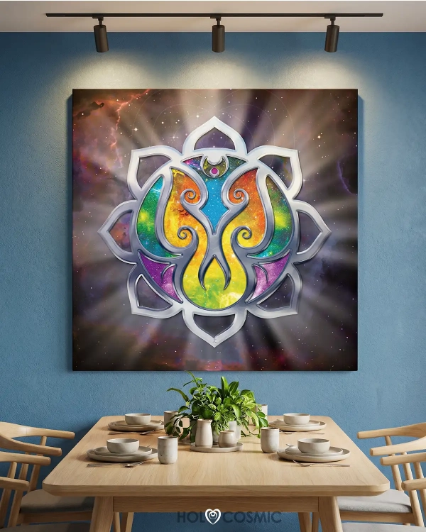 Lienzo cuadrado arte cósmico con geometría sagrada "Visnaem" en la pared del comedor. Arte visionario de Ivan-HoloCosmic.