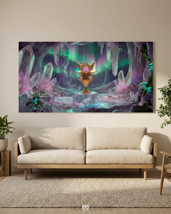 Cuadro de un paisaje onírico con escultura cósmica Sheladia en un salón. Arte visionario de HoloCosmic.