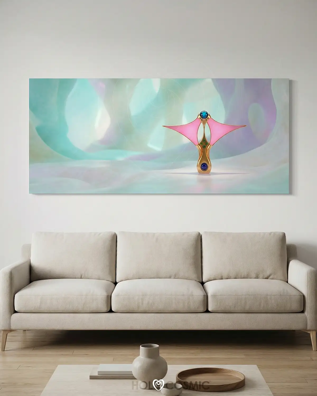Dendet Cuadro de arte visionario de un paisaje onírico con escultura cósmica Dendet. Arte surrealista de Ivan-HoloCosmic.