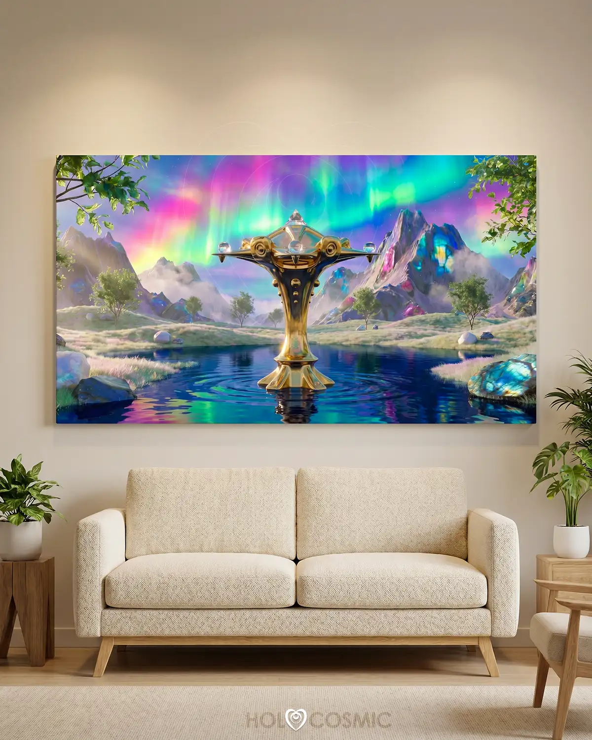 Elvet Cuadro de arte visionario Elvet, con un paisaje de fantasía encima de un sofa. Arte espiritual de Ivan-HoloCosmic.