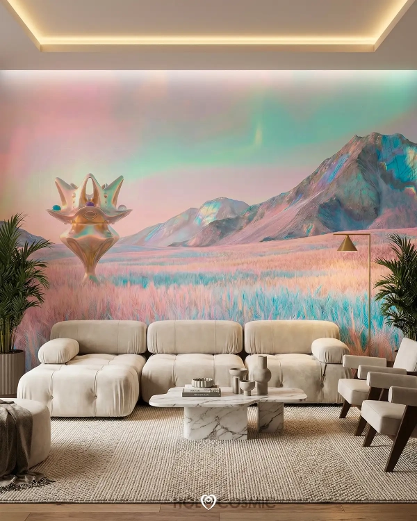 Mural de pared de un paisaje onírico con la escultura cósmica Sheladia en un salón, obra del artista Ivan-HoloCosmic.