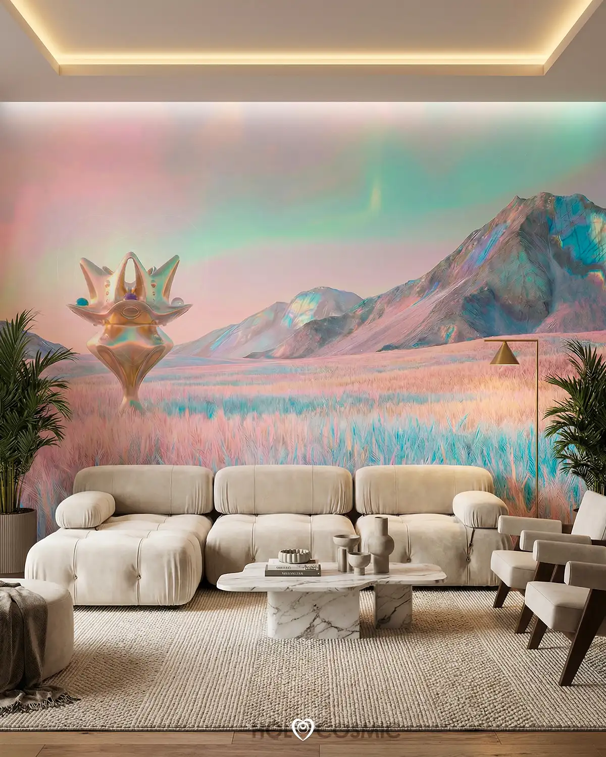 Sheladia Mural de pared de un paisaje onírico con la escultura cósmica Sheladia en un salón, obra del artista Ivan-HoloCosmic.