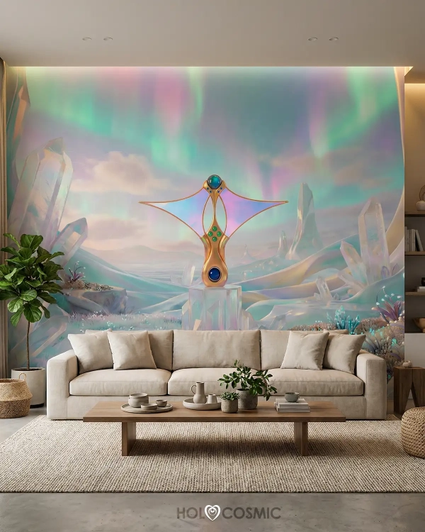 Mural de pared de un paisaje onírico de la escultura cósmica Dendet, obra del artista Ivan-HoloCosmic.