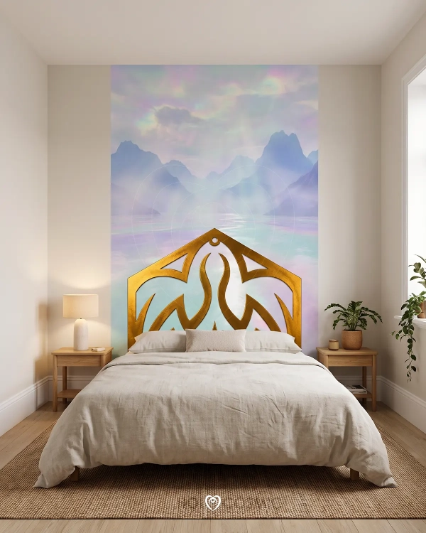 Cabecero de cama Dahim de papel pintado TNT de un paisaje onírico en habitación con cama de matrimonio. Arte Visionario de Ivan-HoloCosmic.